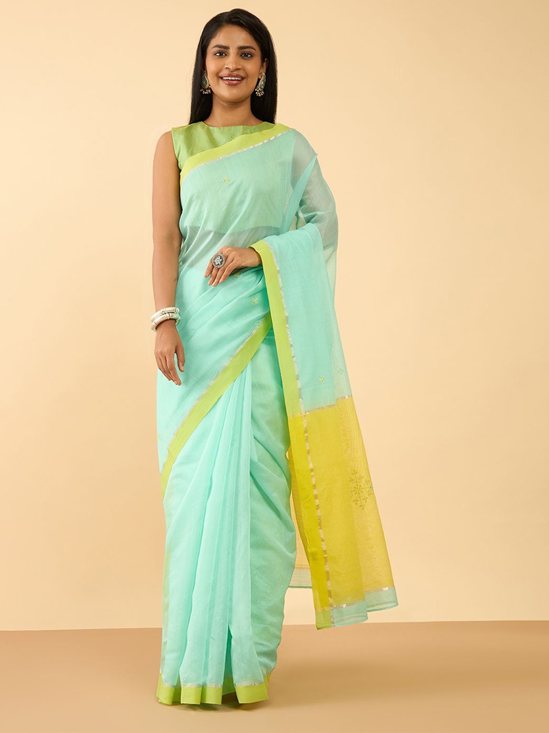 

Taneira Chanderi Embroidered Solid Saree, Green