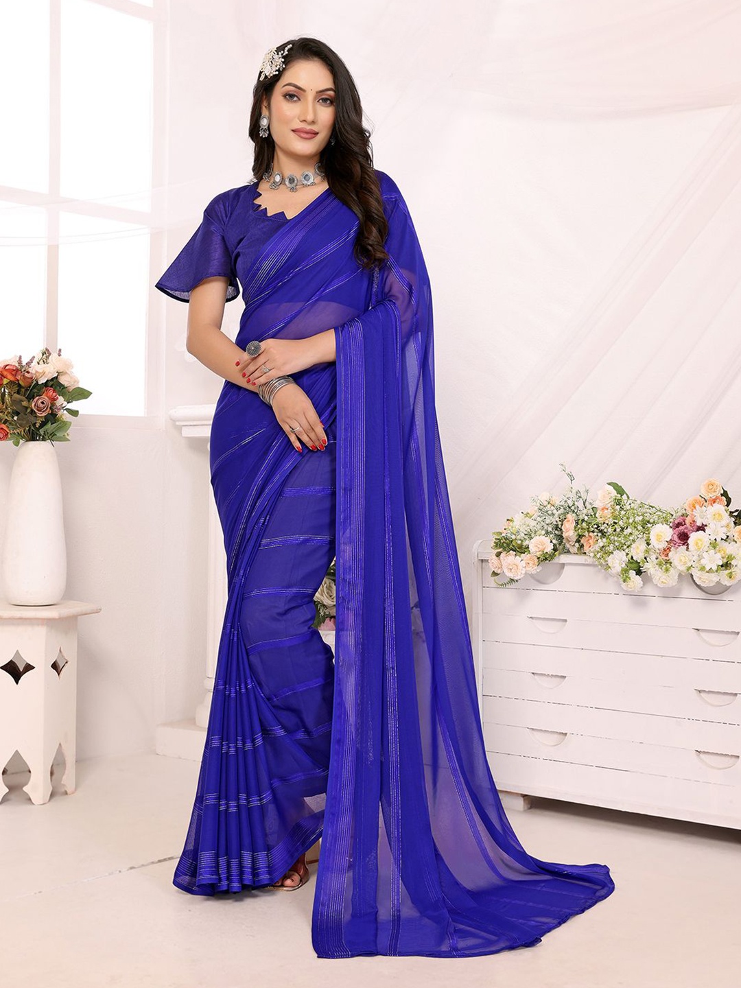 

Moda Rapido Striped Satin Saree, Blue