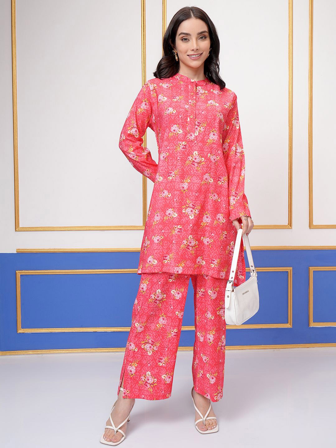 

Vishudh Floral Printed Band Collar Long Sleeves Top With Palazzo, Pink
