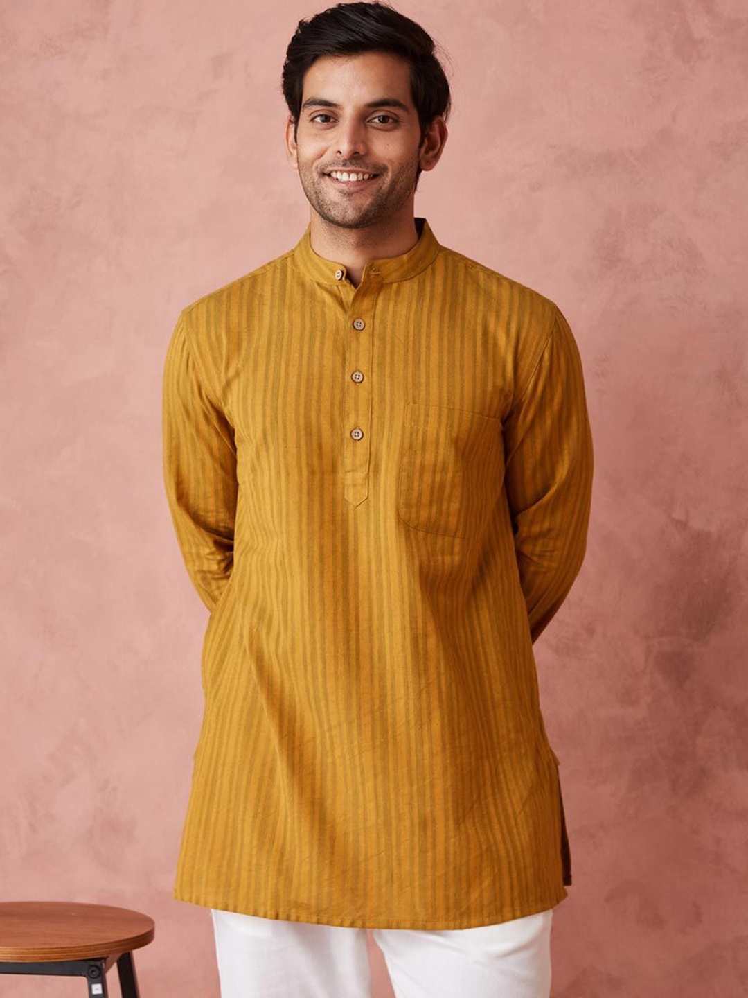 

Fabindia Striped Mandarin Collar Pure Cotton Straight Kurta, Mustard