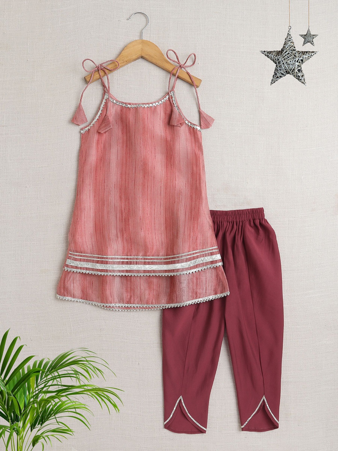 

The Magic Wand Girls Striped A Line Gotta Patti Kurta with Salwar, Maroon