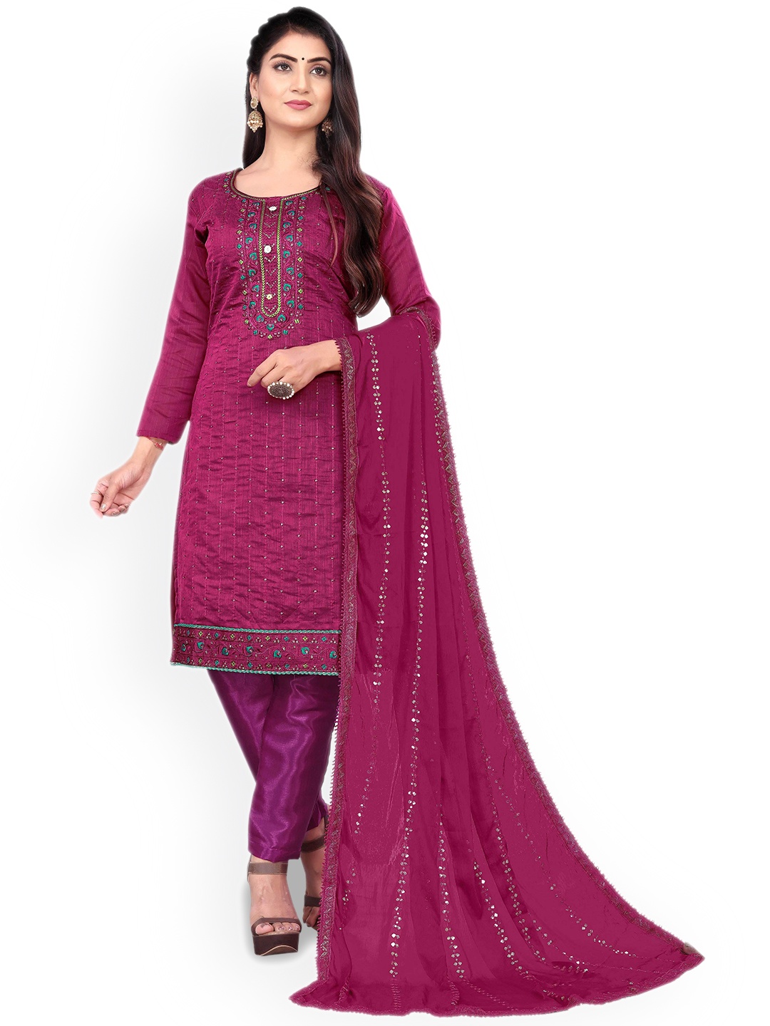 

Maroosh Floral Embroidered Chanderi Cotton Unstitched Dress Material, Pink