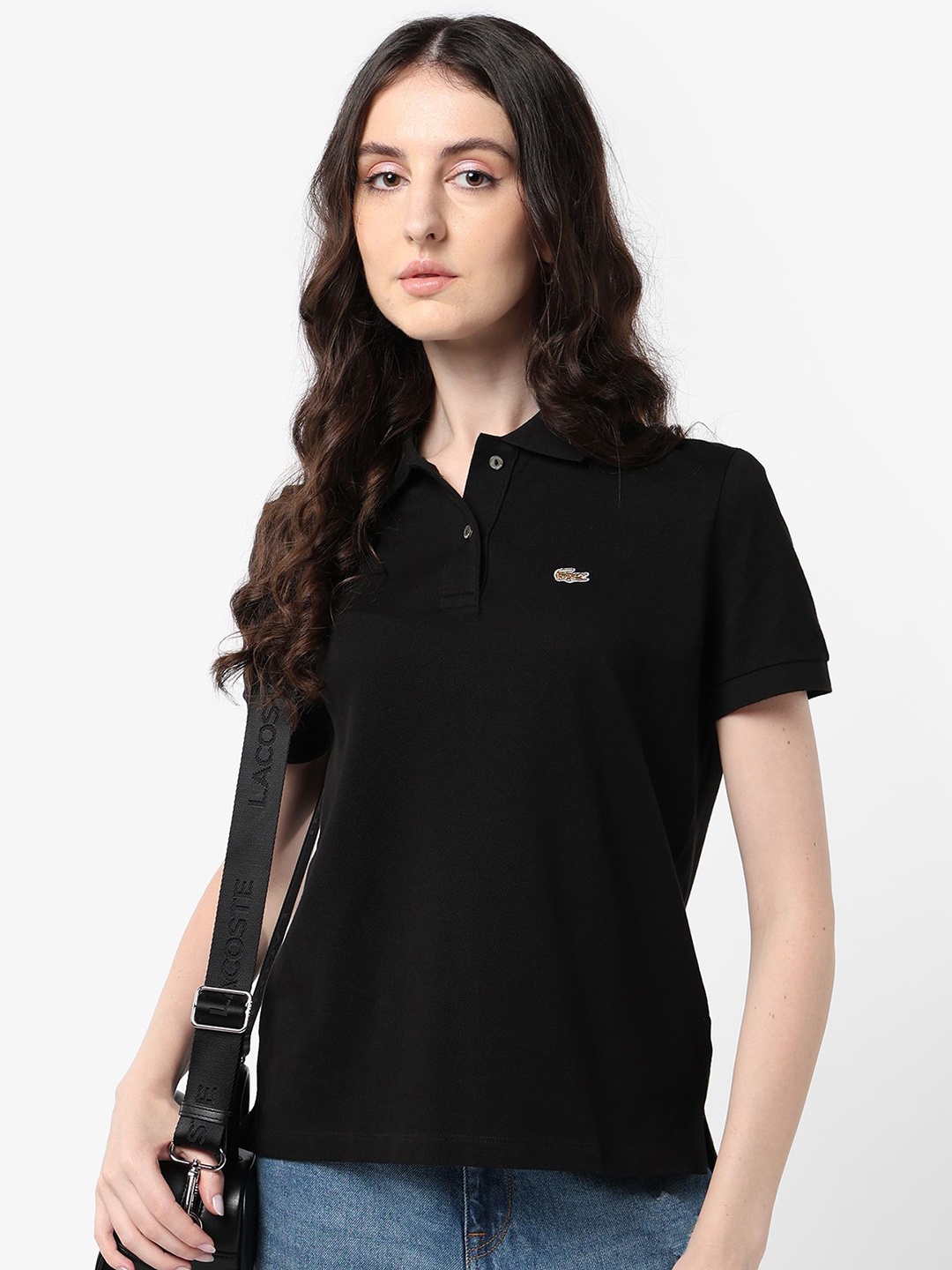 

Lacoste Women Solid Polo Collar Cotton T-shirt, Black