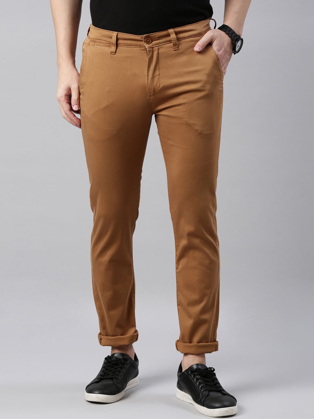 

American Bull Men Cotton Slim Fit Regular Trousers, Brown