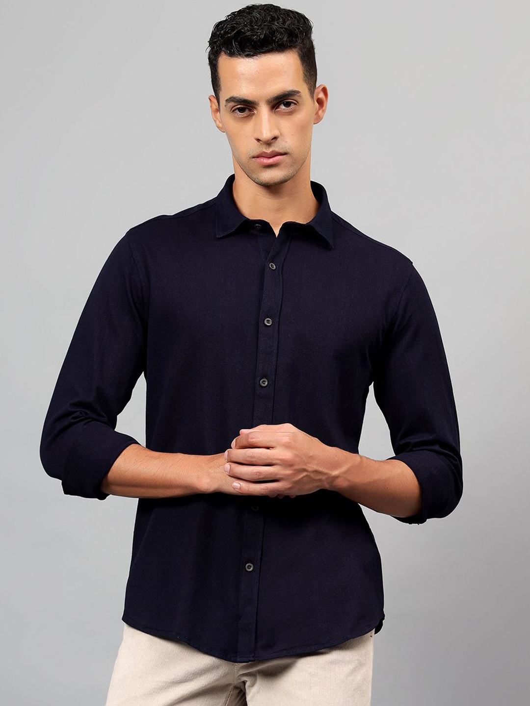 

Cantabil Men Spread Collar Solid Cotton Casual Shirt, Navy blue