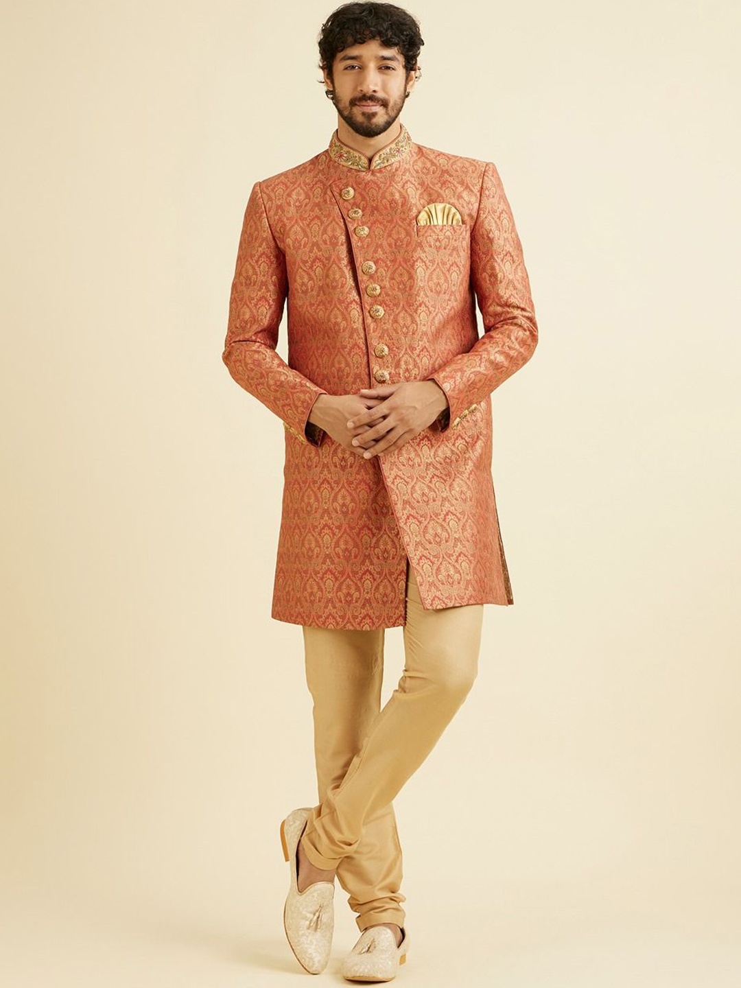 

Manyavar Men Self-Design Mandarin Collar Sherwani Set, Rust