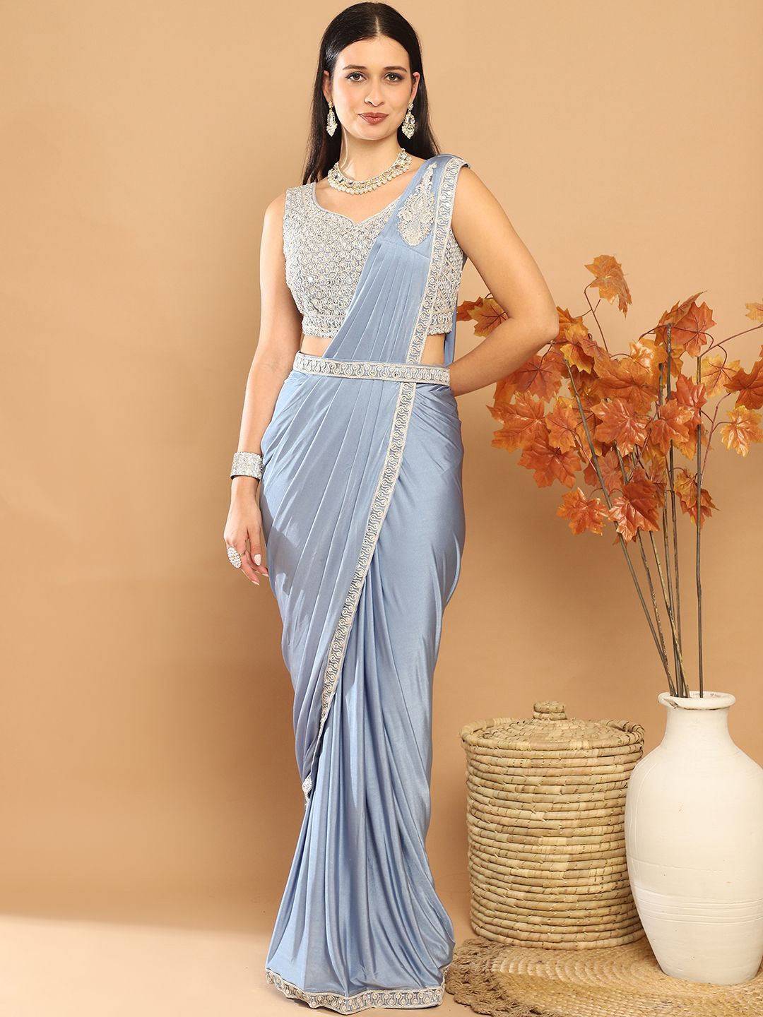 

Grancy Sequinned Embellished Ready to Wear Solid Saree, Blue