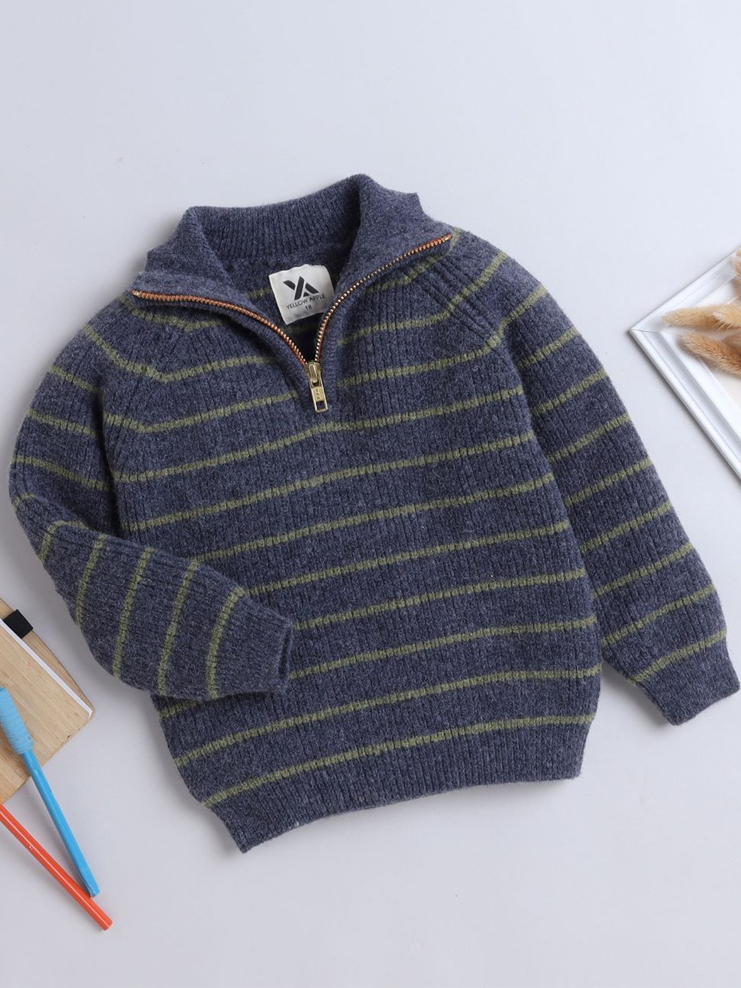 

Yellow Apple Boys Striped Woollen Sweater Vest with Zip Detail Detail, Blue