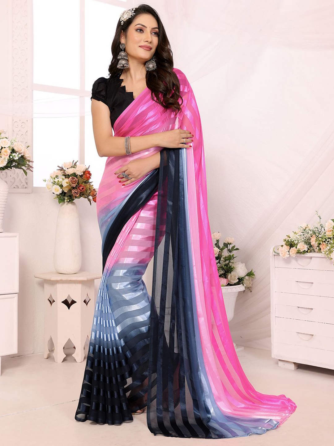 

Moda Rapido Striped Satin Saree, Pink