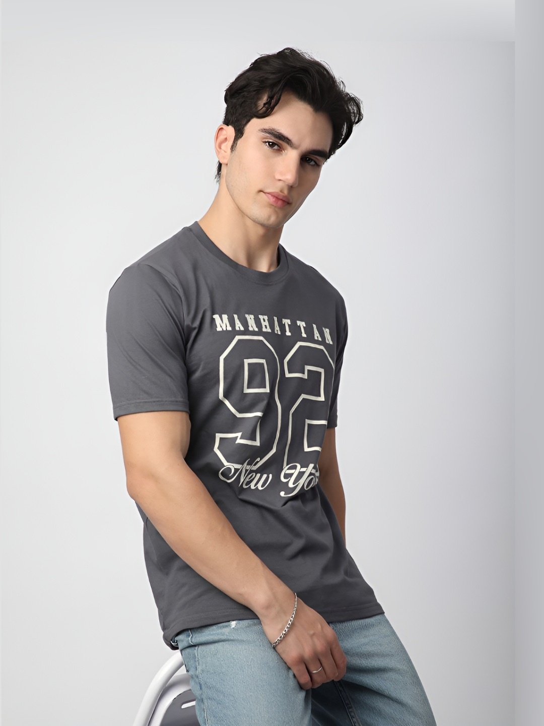 

R&B Men Varsity Printed Round Neck Cotton T-shirt, Grey