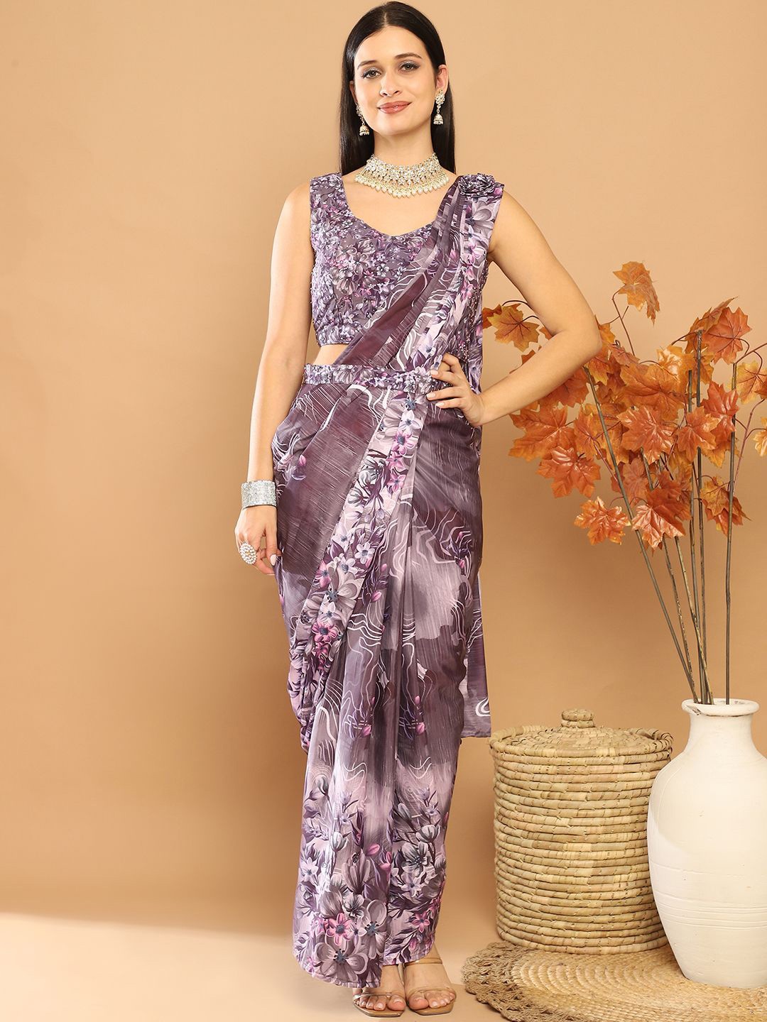 

Grancy Floral Pure Crepe Ready to Wear Leheriya Saree, Purple