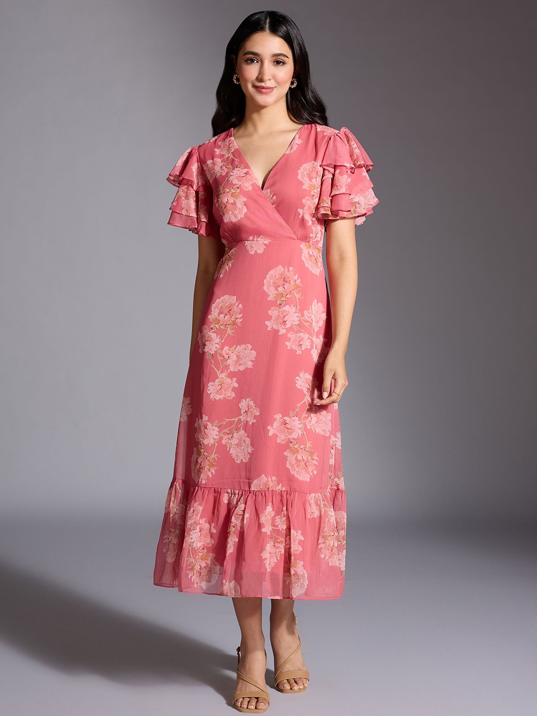 

20Dresses Floral Print Flared Sleeve Fit & Flare Midi Dress, Pink
