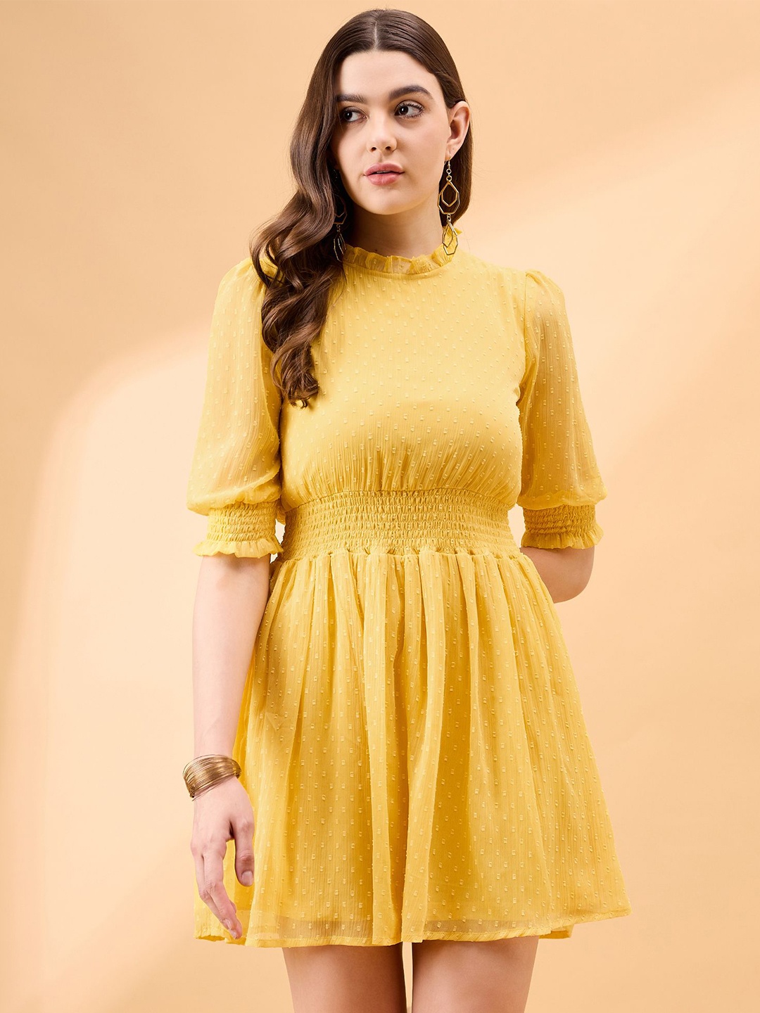 

all about you Puff Sleeve Chiffon Fit & Flare Dress, Yellow