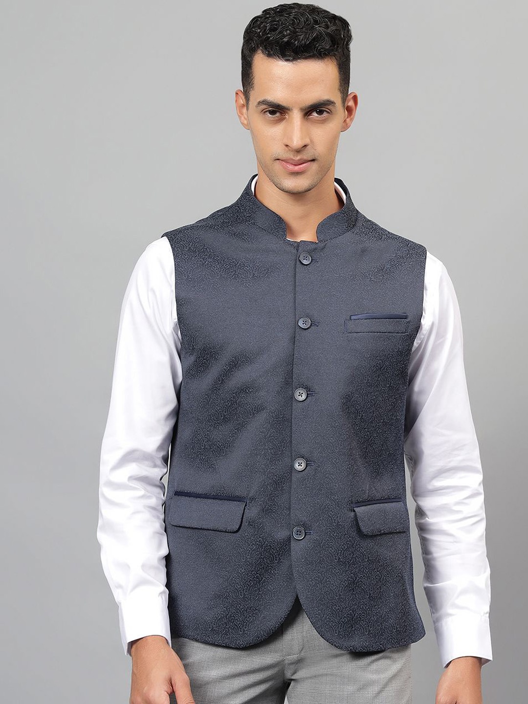 

Cantabil Woven Design Jacquard Partywear Nehru Jacket, Navy blue