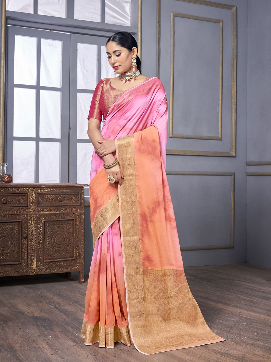 

SUI DHAGA Zari Pure Cotton Saree, Pink