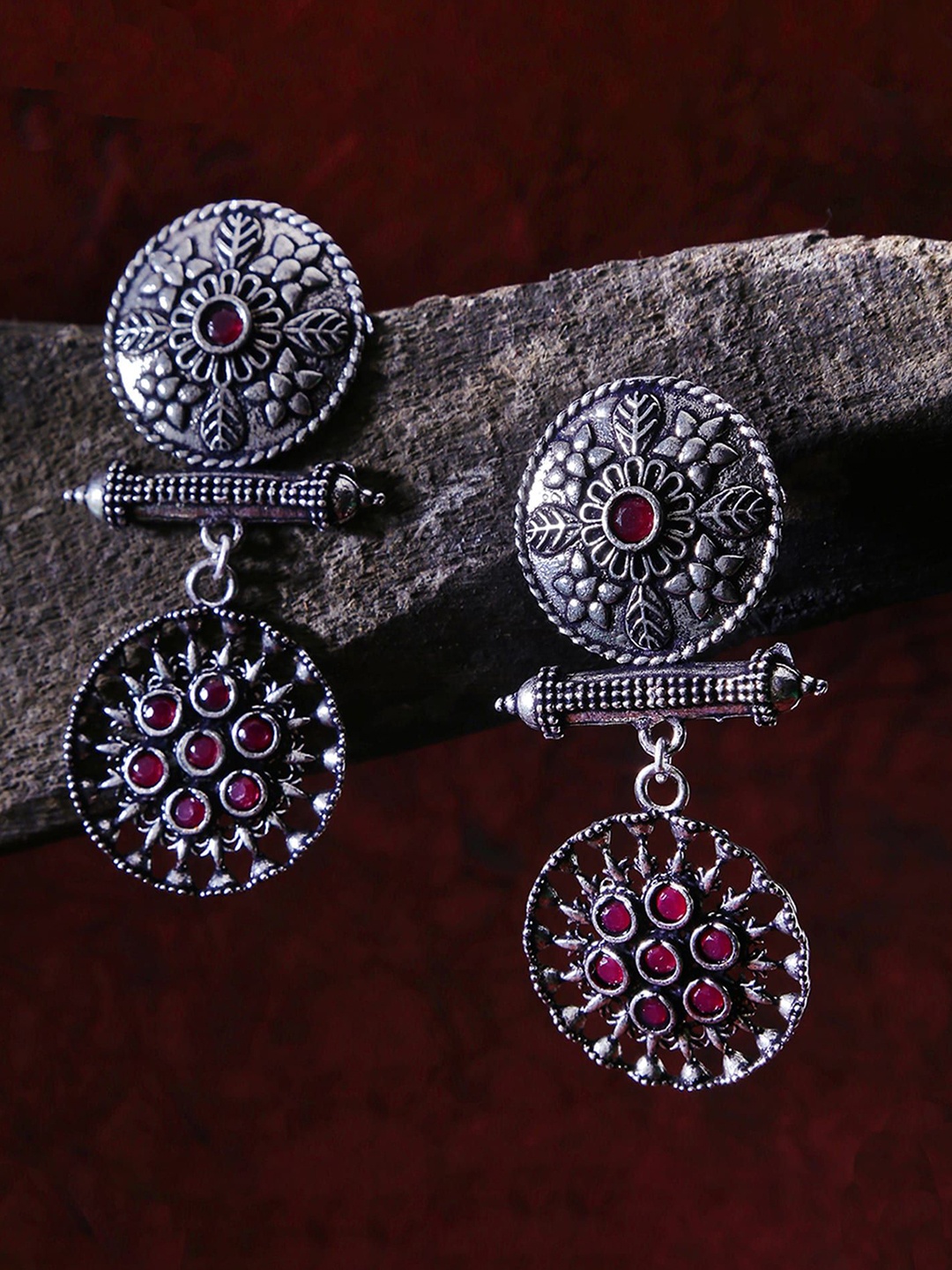 

Yellow Chimes Oxidised Silver Plated Stone Studded Drop Earrings