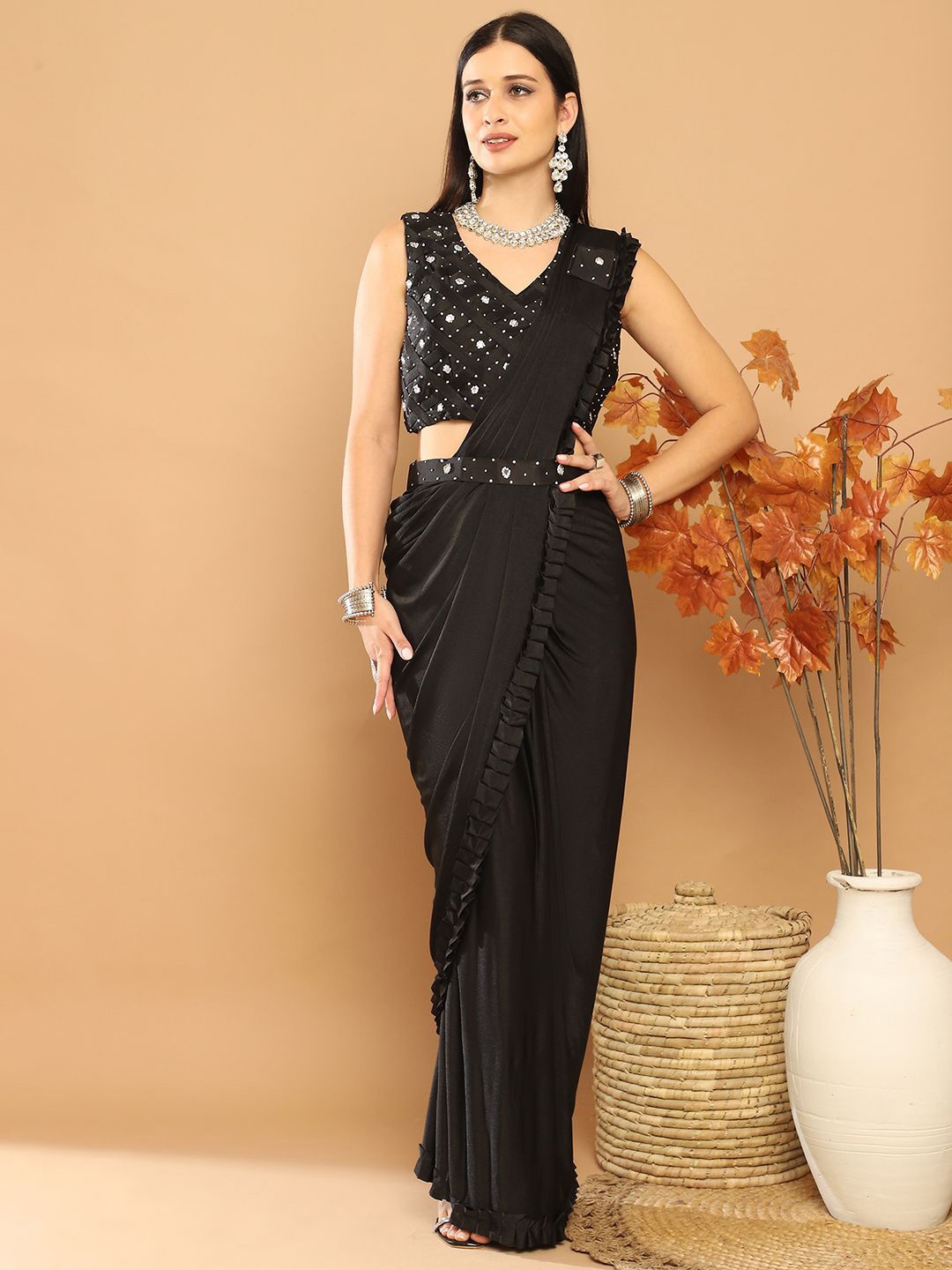 

Grancy Beads and Stones Ready to Wear Leheriya Saree, Black