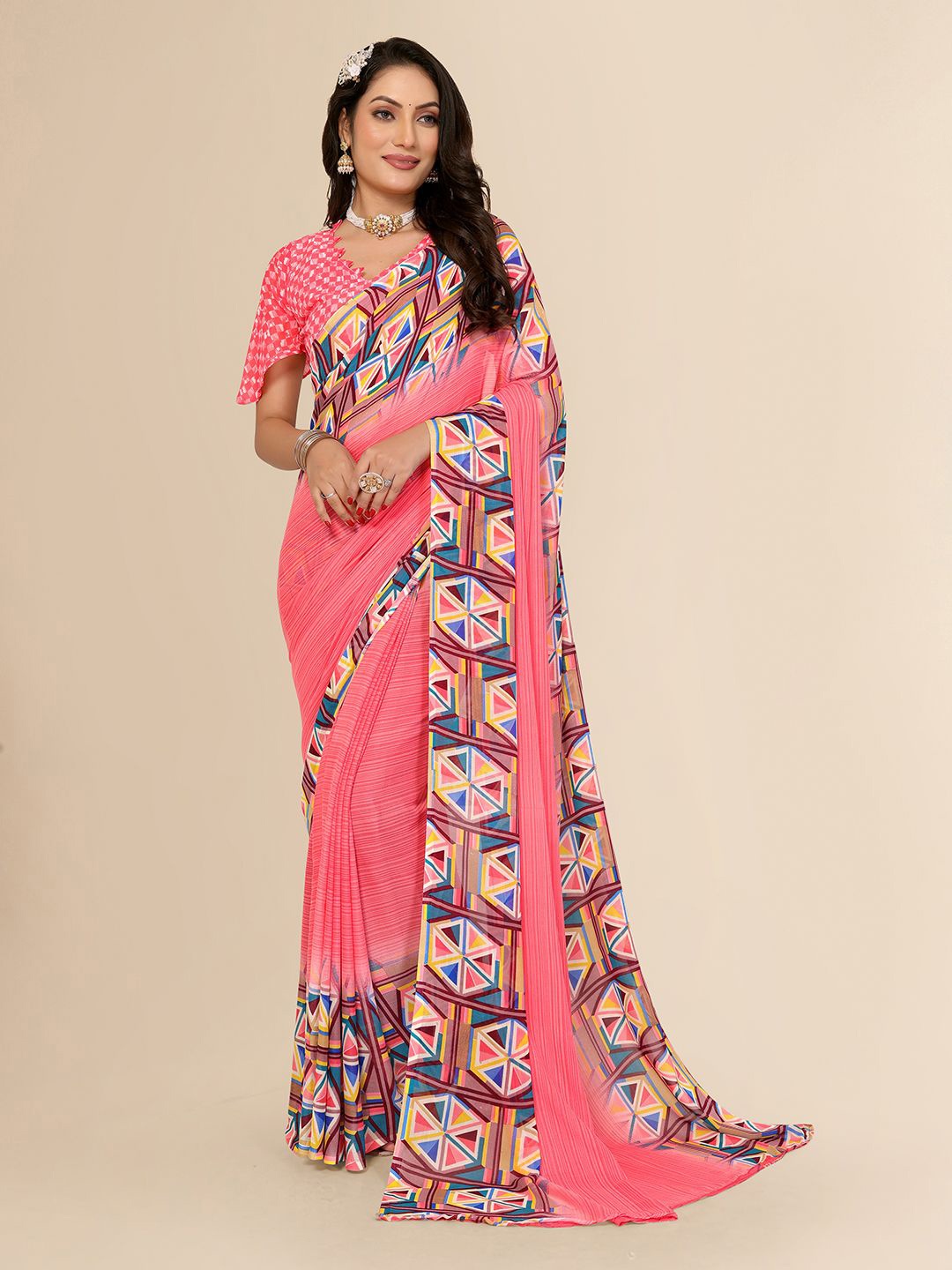 

Moda Rapido Striped Poly Georgette Saree, Pink