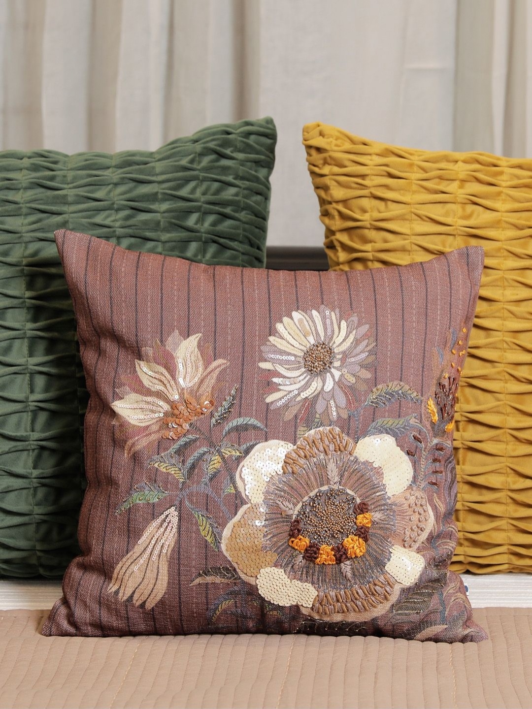 

ONSETHOMES jashn Brown & Beige Embroidered Cotton Square Cushion Cover