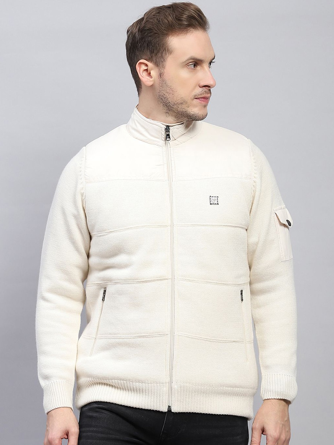 

Monte Carlo Men Mock Collar Self Design Wool Casual Padded Jacket, Off white