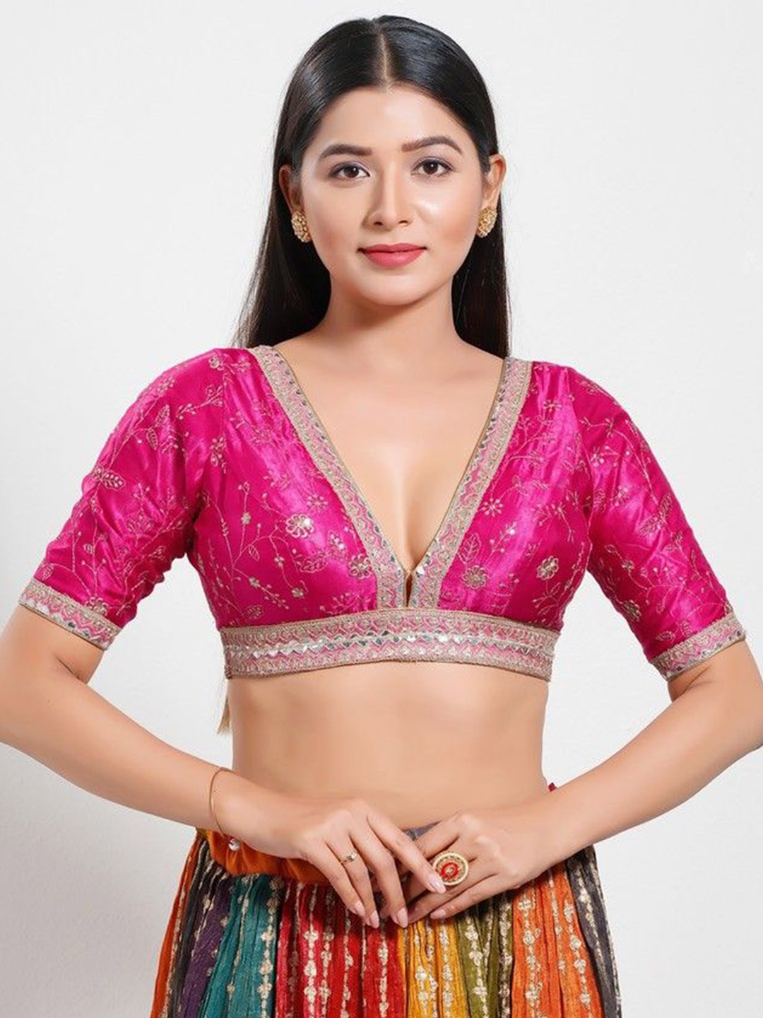 

Mmore Embroidered Silk Saree Blouse, Pink