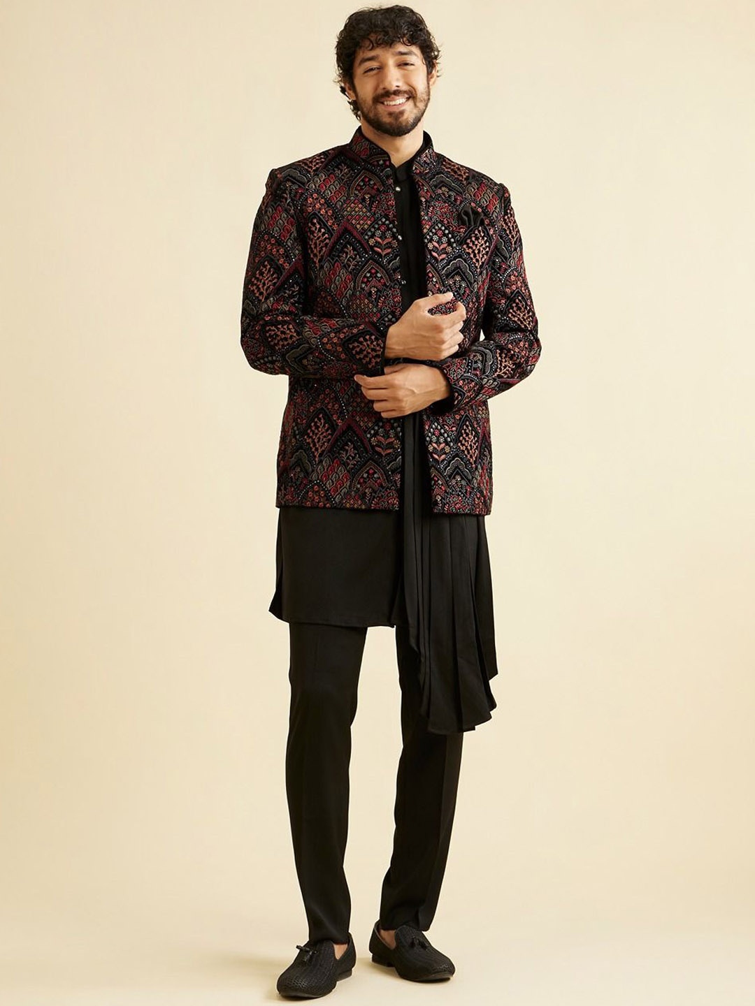 

Manyavar Men Self Design Embroidered Mandarin Collar Indo Western Sherwani Set, Black