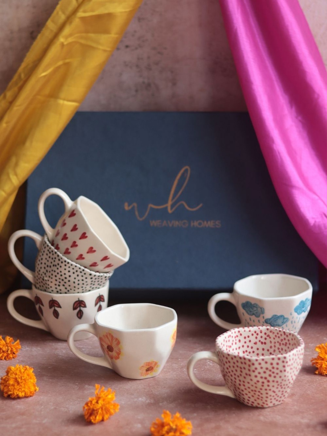 

WEAVING HOMES Beige & Red 6 Pieces Printed Ceramic Cup Home Gift Set