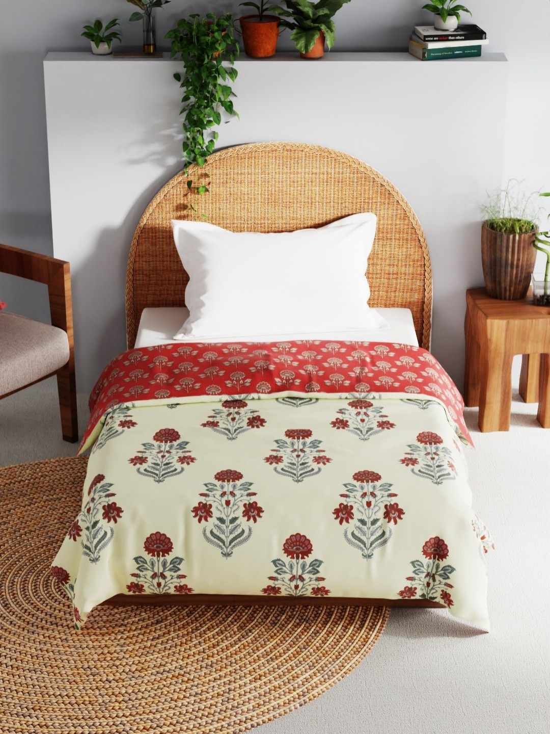 

BIANCA Cream & Red Floral AC Room Cotton 150 GSM Single Bed Dohar