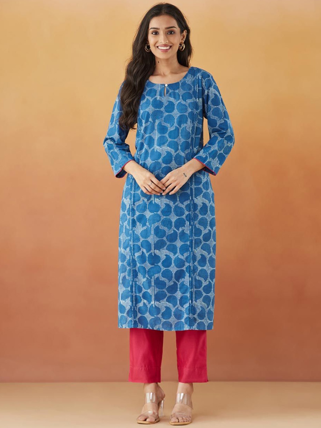 

Fabindia Paisley Printed Keyhole Neck Pure Cotton Straight Kurta, Blue