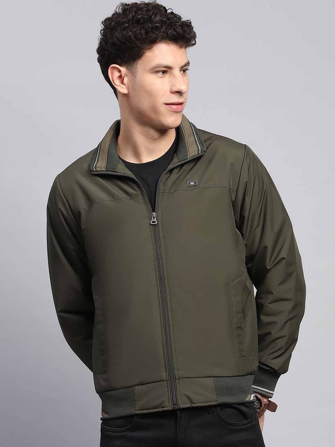 

Monte Carlo Men Mock Collar Solid Casual Bomber Jacket, Olive