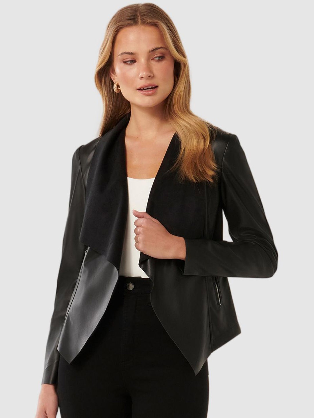 

Forever New Women Shawl Collar Solid Casual Leather Jacket, Black