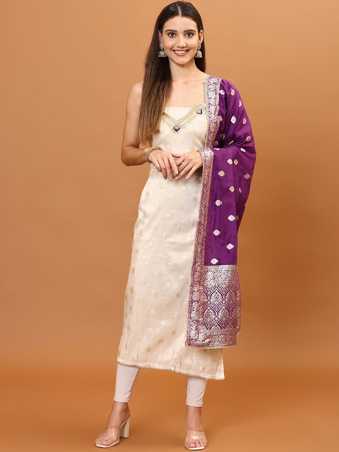

Meena Bazaar Floral Woven Design Zari Unstitched Dress Material, Cream
