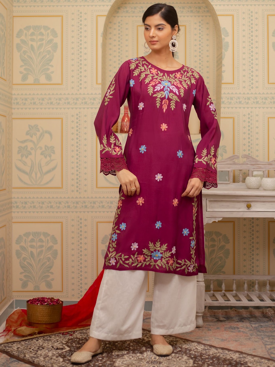 

House of Kari Floral Embroidered Thread Work Pure Cotton Straight Kurta, Burgundy
