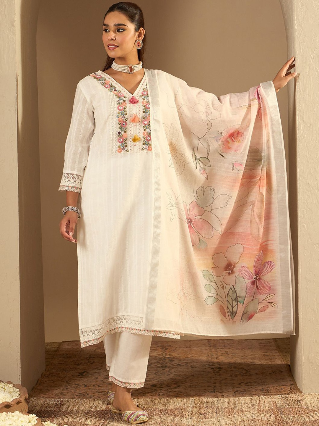 

Indo Era Floral Embroidered Pure Cotton Straight Kurta With Trousers & Dupatta, Off white