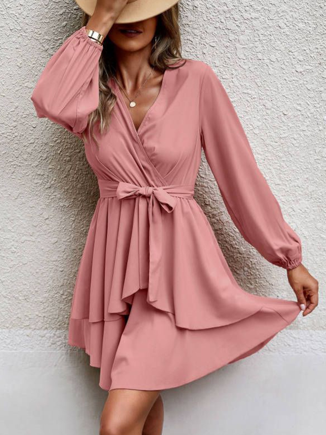 

HERE&NOW Women Puff Sleeve Wrap Dress, Pink
