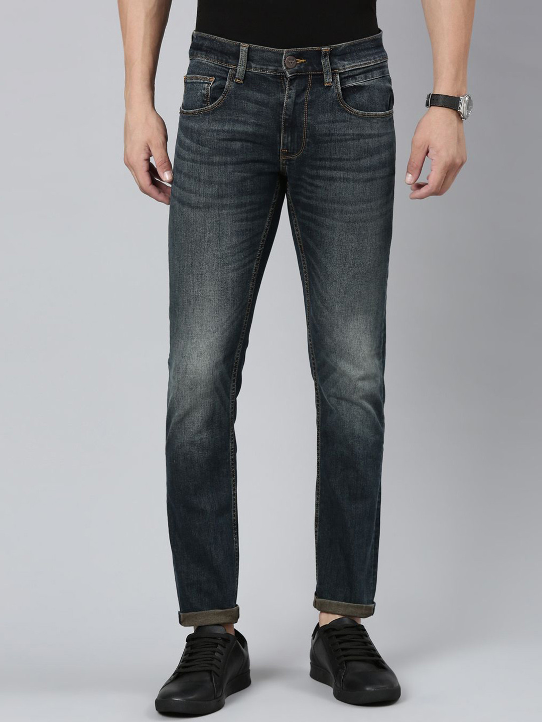 

American Bull Men Skinny Fit Heavy Fade Stretchable Jeans, Black