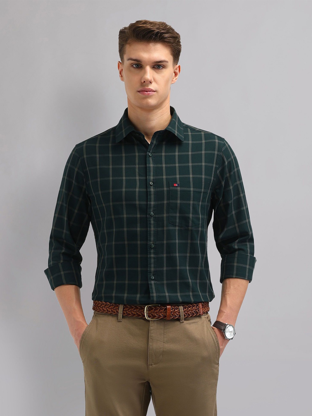 

AD By Arvind Men Spread Collar Tartan Checked Cotton Casual Shirt, Olive