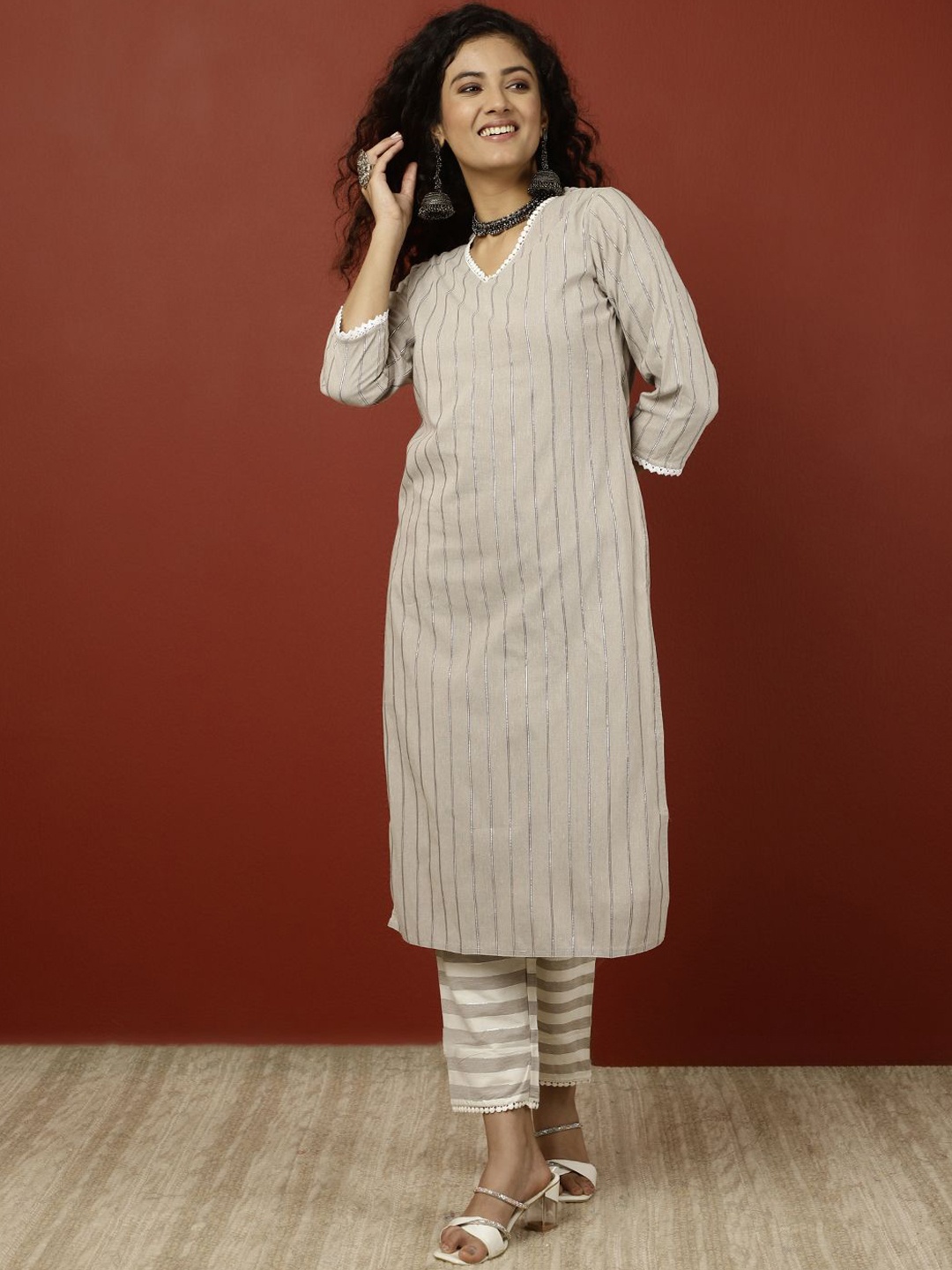 

Jaipur Kurti Striped Pure Cotton Kurta With Trousers, Beige