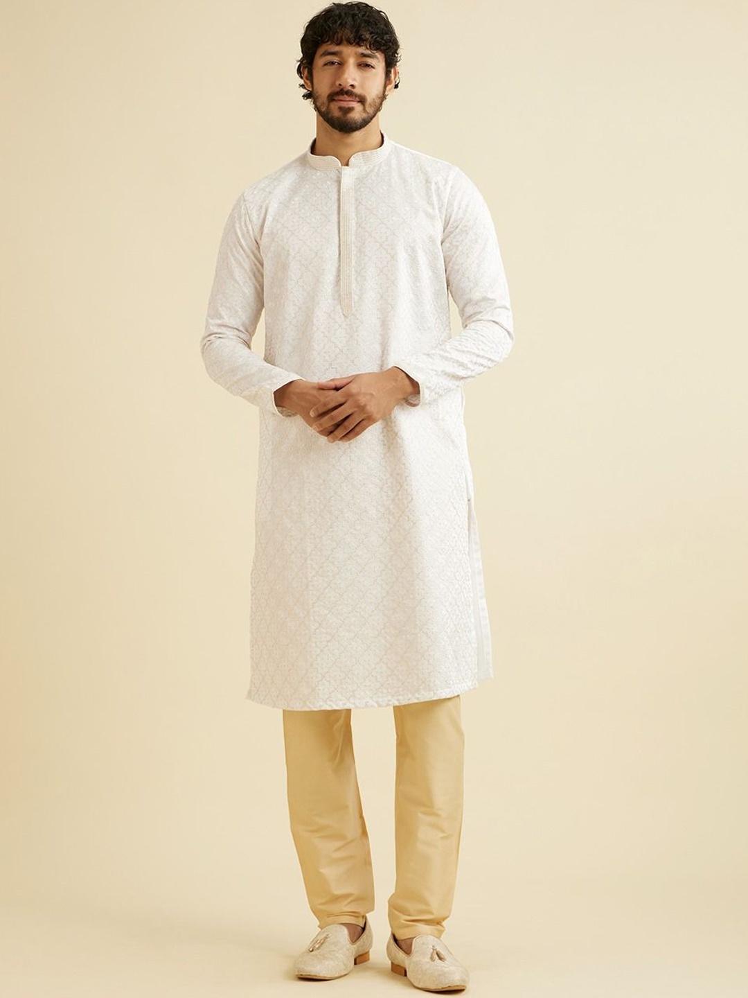 

Manyavar Floral Embroidered Thread Work Satin Kurta With Pyjama, White