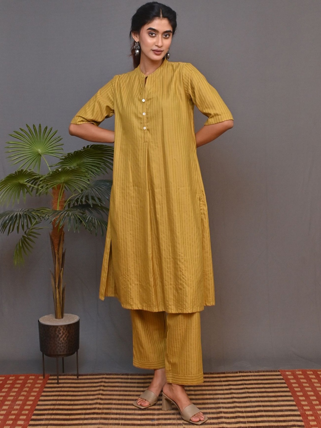 

Earthwear Striped Mandarin Collar Tunic With Trouser, Mustard