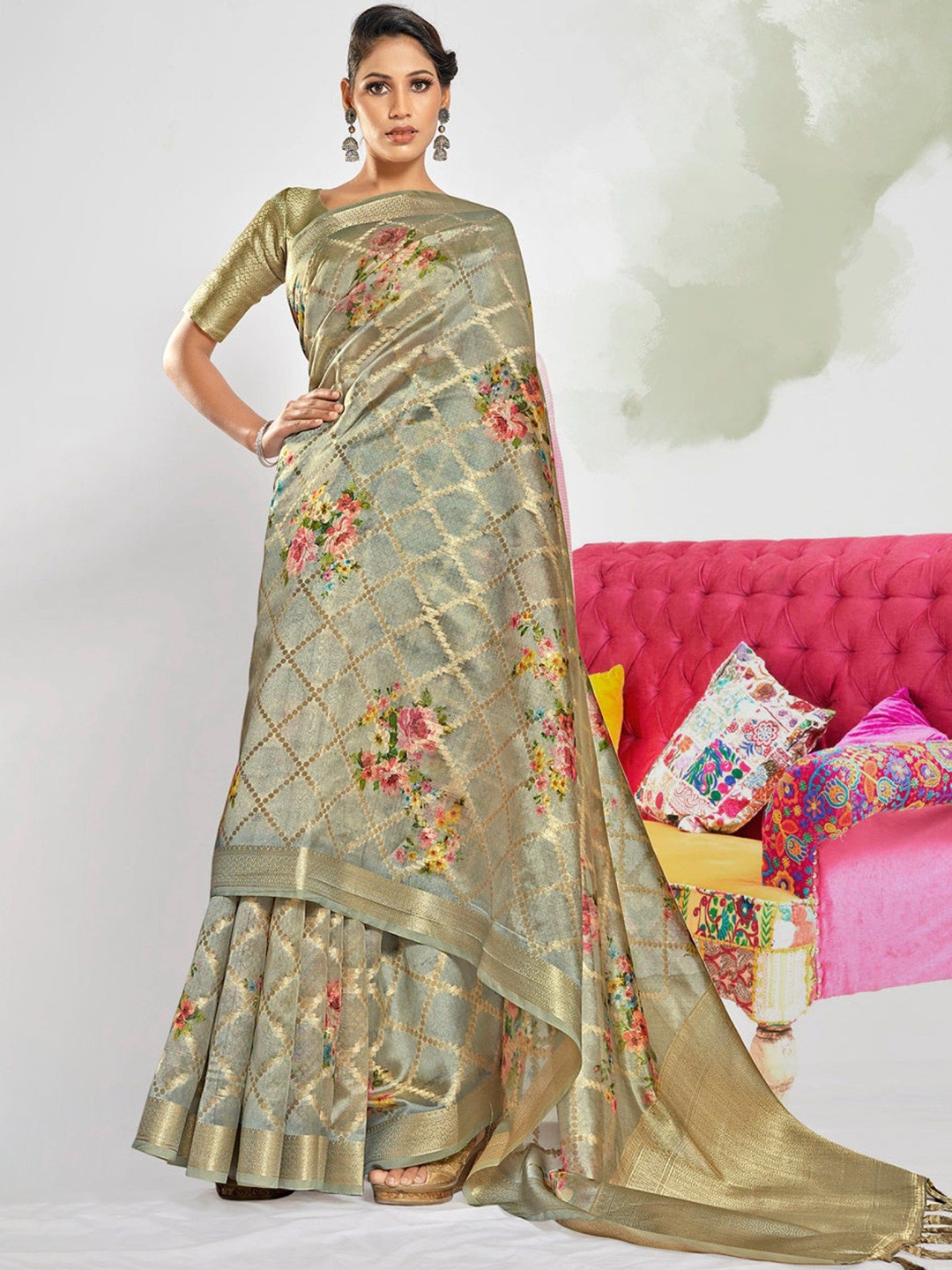 

MySilkLove Floral Printed Zari Banarasi Saree, Gold