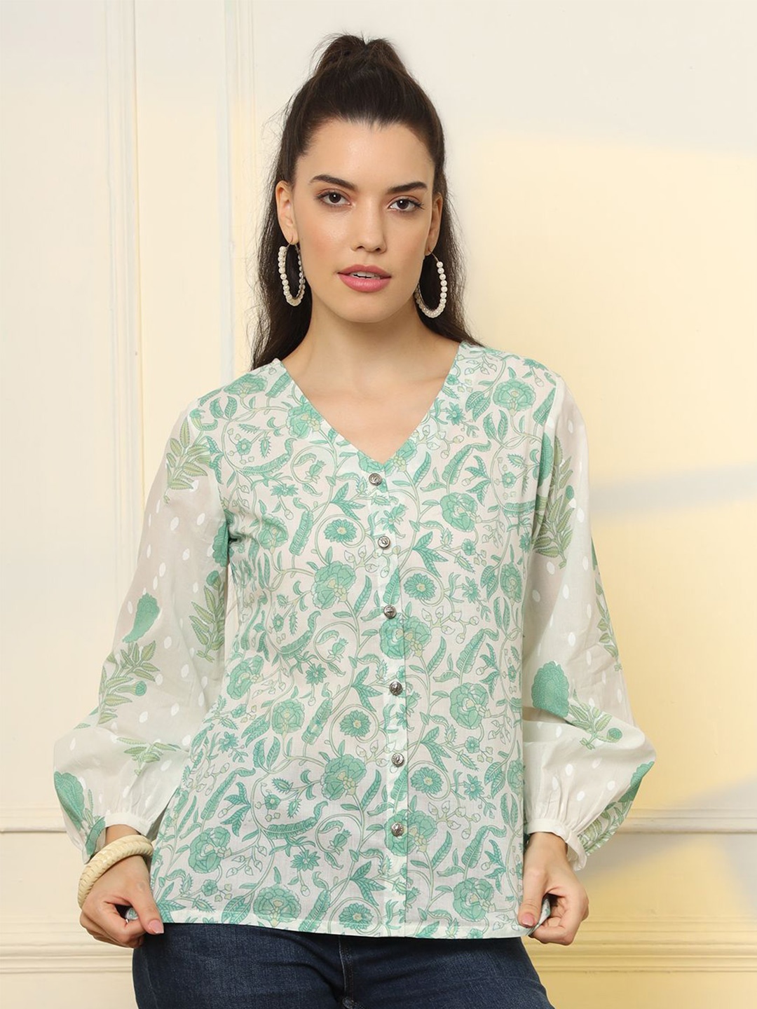

Yufta Women Floral Printed Bishop Sleeves Pure Cotton Peplum Top, White