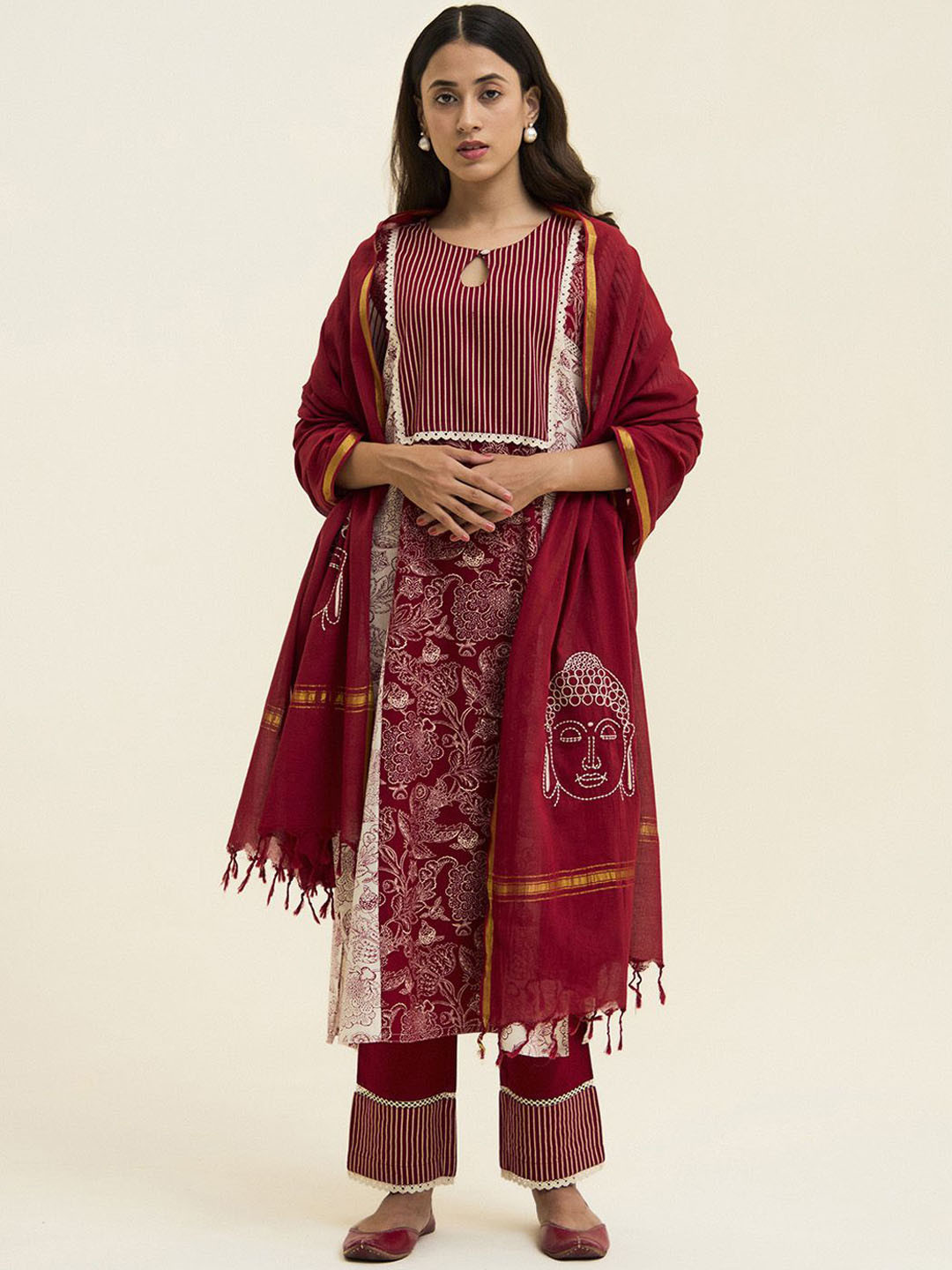 

Jaipur Kurti Ethnic Motifs Pure Cotton Anarkali Kurta With Trousers & Dupatta, Off white