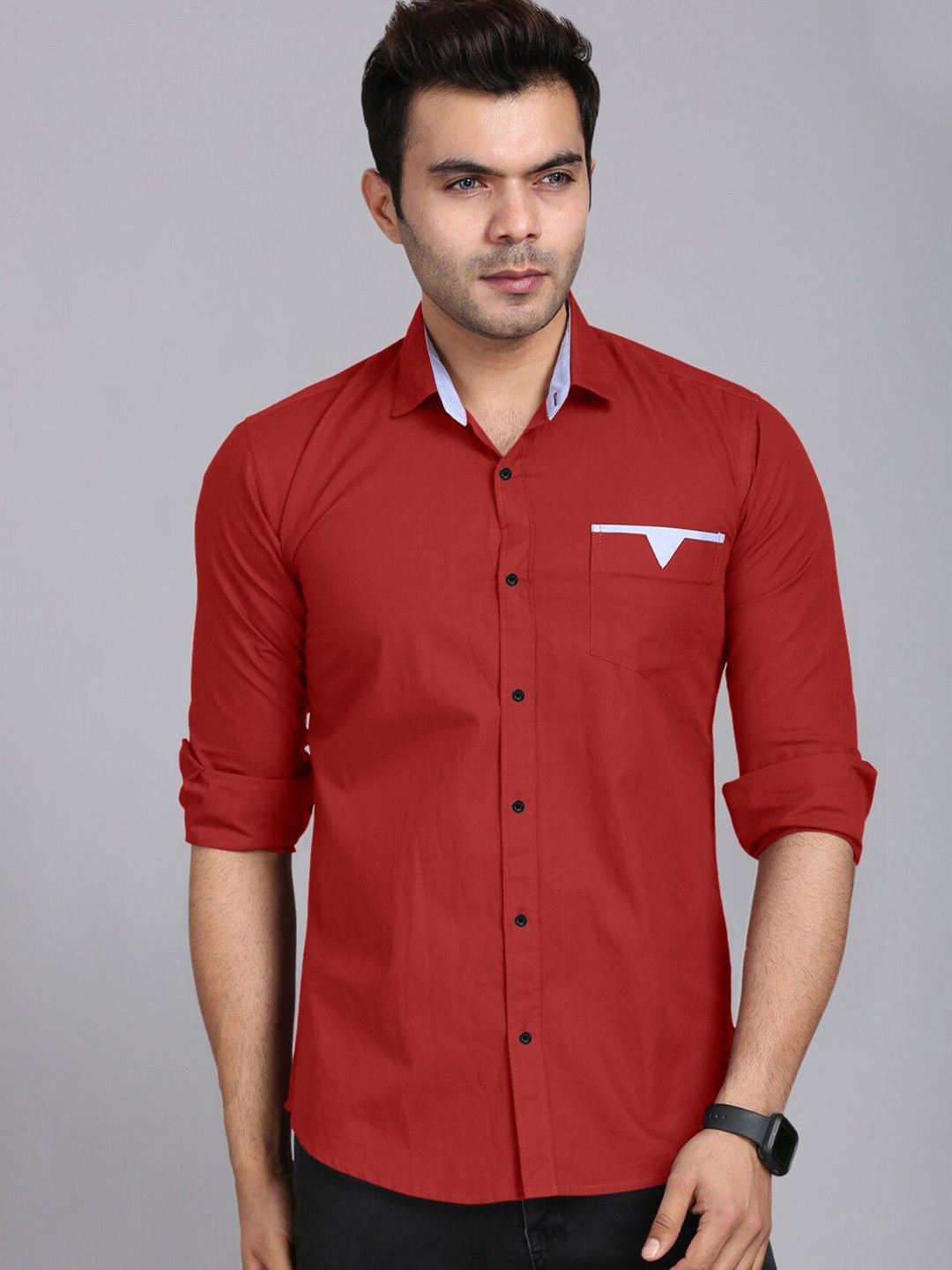 

FINIVO FASHION Men Standard Spread Collar Solid Striped Casual Shirt, Red