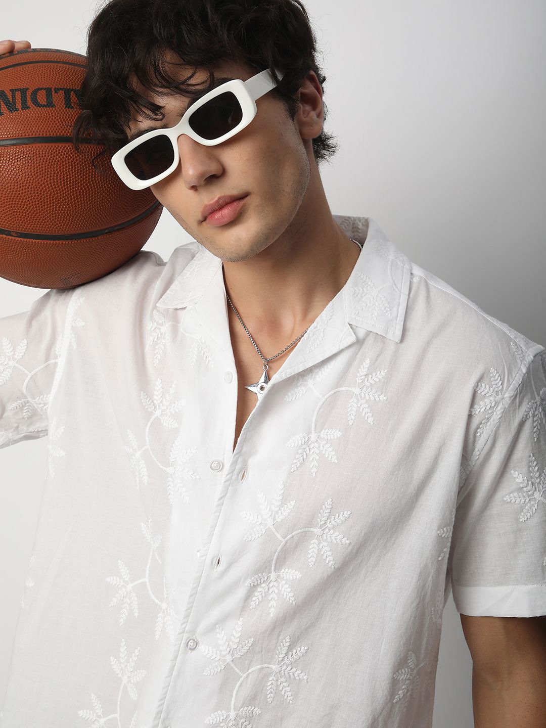 

VASTRADO Men Classic Cuban Collar Floral Self Design Cotton Oversized Casual Shirt, White