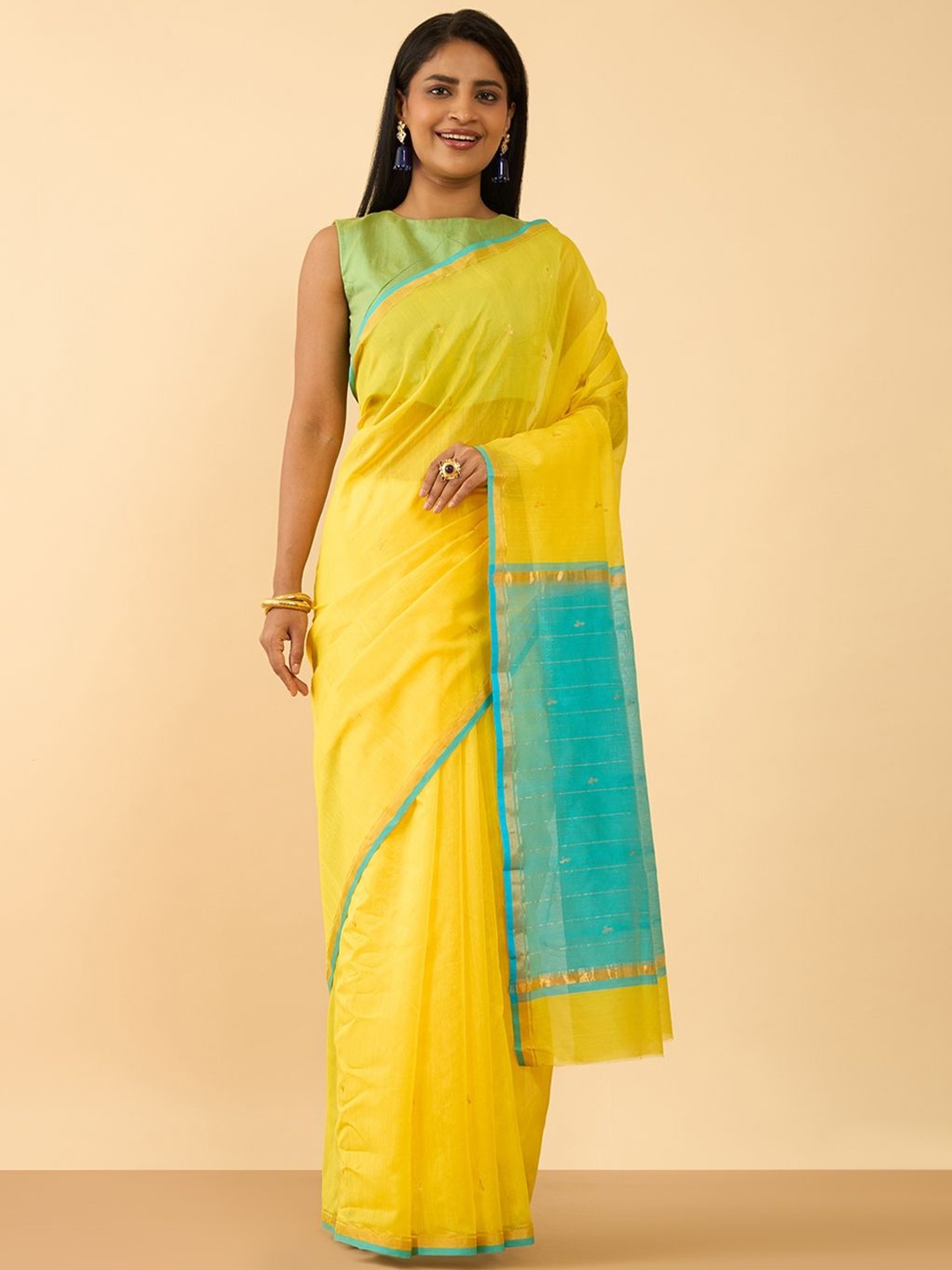 

Taneira Woven Design Zari Embroidred Traditional Chanderi Saree, Yellow