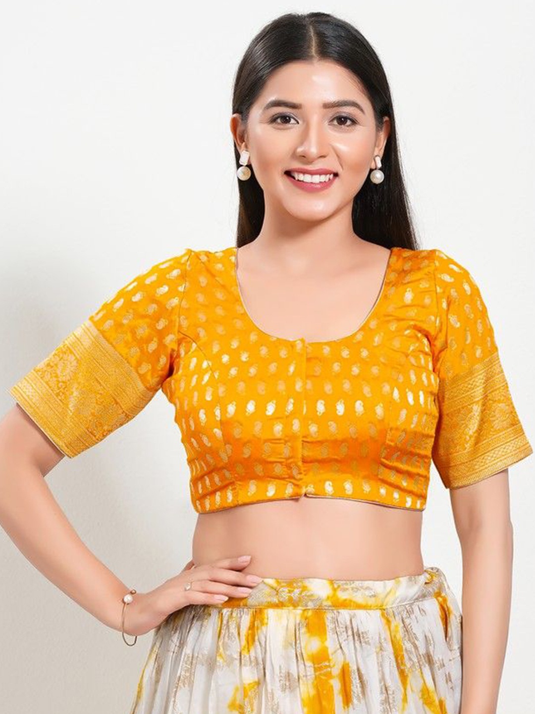 

Mmore Women Printed Padded Saree Blouse, Mustard