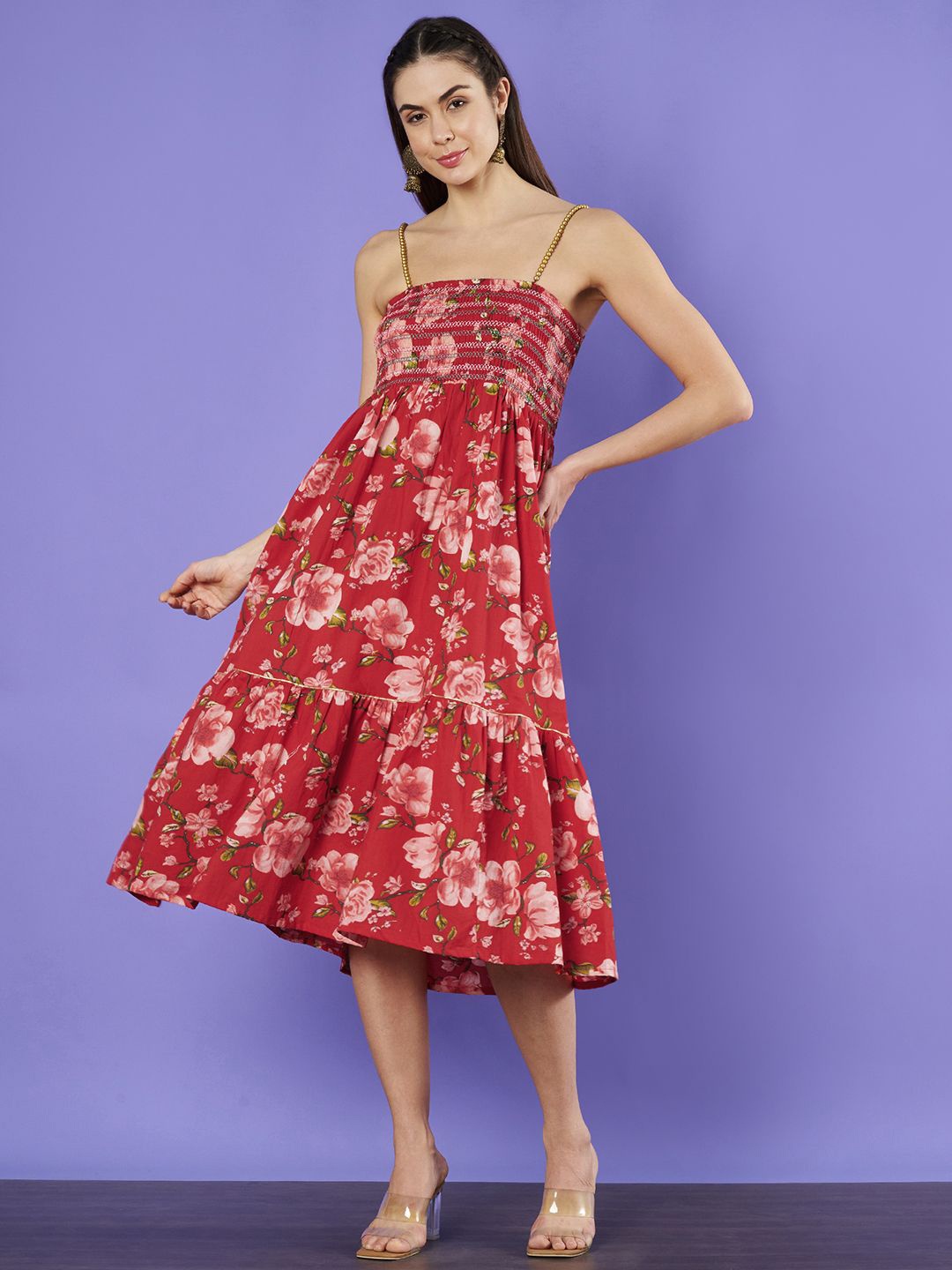 

COTLAND FASHION Floral Print Fit & Flare Midi Dress, Red