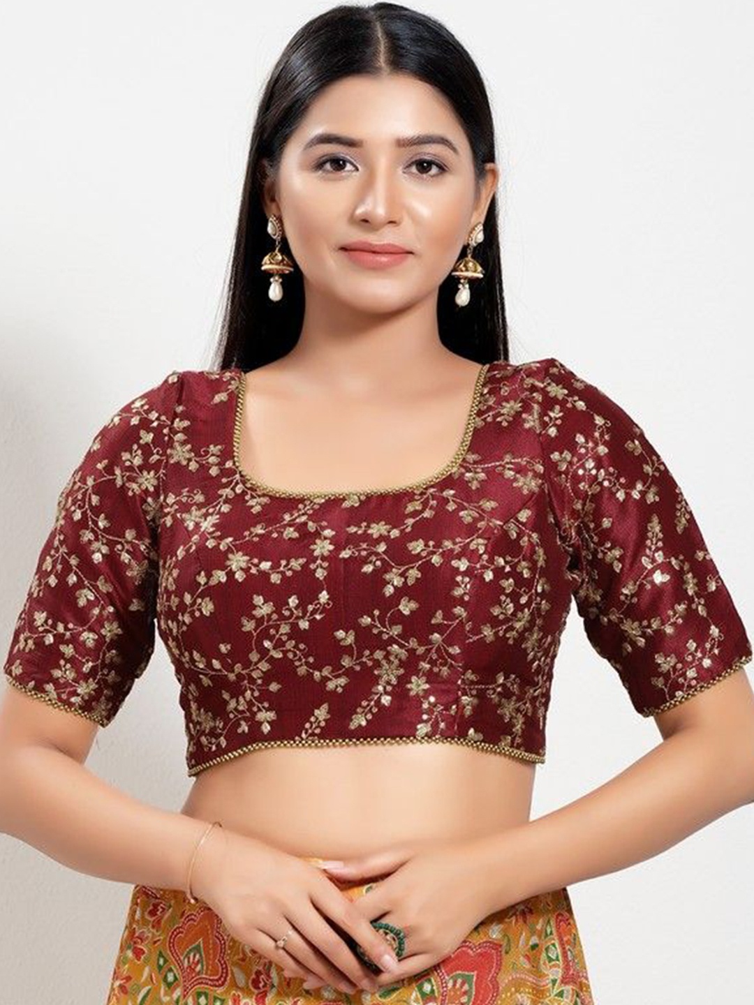 

Mmore Women Embroidered Readymade Padded Saree Blouse, Maroon