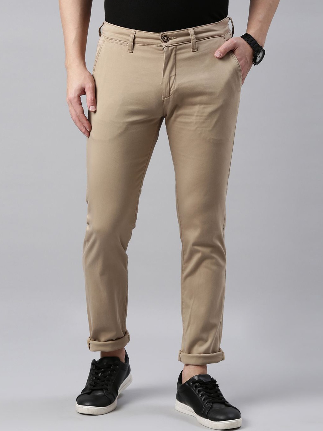 

American Bull Men Slim Fit Cotton Trousers, Brown
